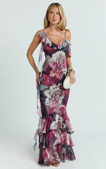 Riley Maxi Dress - Asymmetric Ruffle Detail Maxi Dress in Mariache Rose