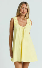 Lucinda Mini Dress - Deep U Gathered Neck Smock Dress in Lemon