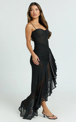 Brionna Midi Dress - Lace Neck Ruched Ruffle Hem Dress in Black