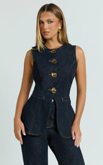 Rhianna Top - Button Down Longline Recycled Denim Vest Top in Raw Denim