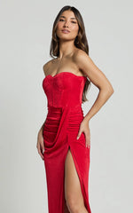 Brydie Maxi Dress - Strapless Corset Draped High Split Dress in Red