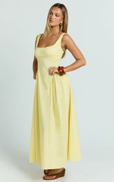 Donatella Midi Dress - Ruched Bust Fit And Flare Dress in Lemon
