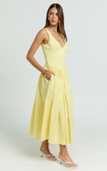 Beckett Midi Dress - Scoop Neck Drop V Waist Gathered Skirt Dress in Butter Yellow