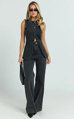 Rhianna Top - Button Down Longline Recycled Denim Vest Top in Black