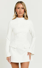 Carlson Mini Dress - High Neck Sleeve Cocoon Skirt Dress in White