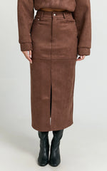 Nessa Midi Skirt - High Waisted Fitted Suede Skirt in Dark Chestnut