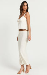 Polly Midi Skirt - Linen Low Waisted Front Bow Slip Skirt in Stone