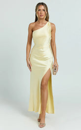 Isla Maxi Dress - Satin One Shoulder Side Split Dress in Lemon