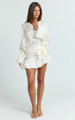 Carmela Mini Dress - Long Sleeve Tie Neck Ruffle Skirt Dress in Off White