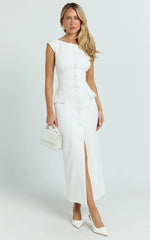 Calista Midi Dress - Boat Neck Button Down Pencil Dress in White