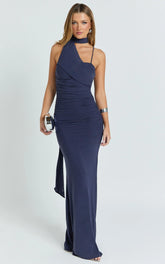 Larson Maxi Dress - Asymmetric Tie Neck Column Dress in Ink