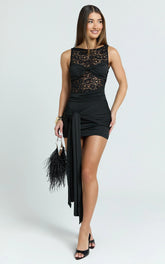 Ellen Mini Dress - Lace Contrast Skirt Bodycon Dress in Black