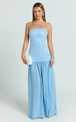 Georgina Maxi Dress - Sequin Strapless Front Split Dress in Blue