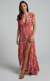 Dyliah Maxi Dress - Thigh Split Frill Shoulder Plunge Neck Dress in Spring Floral