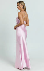Hanna Maxi Dress - Satin Cowl Neck Low Back Dress in Pink