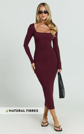 Lucy Midi Dress - Ribbed Side Ruched Bodycon Dress in Wine