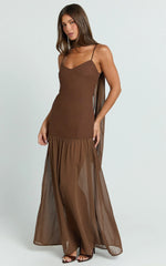 Calvin Maxi Dress - Linen Look Contrast Georgette Skirt with Neck Scarf in Chocolate