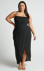Andrina Midi Dress - High Low Wrap Corset Dress in Black