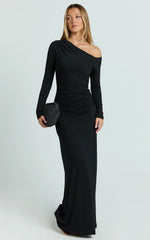 Milly Maxi Dress - Asymmetrical Off Shoulder Long Sleeve Side Ruching Maxi Dress in Black