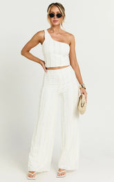 Almarie Pants - Mid Waisted Wide leg Textured Pants in Off White