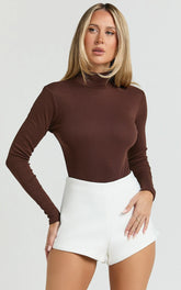 Isabela Bodysuit - High Neck Long Sleeve Ribbed Bodysuit in Brown