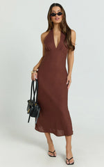Adele Midi Dress - Halter Plunge Bias Cut Dress in Chocolate