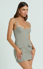 Angela Mini Dress - Sweetheart Neck Bodycon Checkered Dress in Beige Check