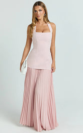 Loretta Maxi Dress - Contrast Halter Neck Pleated Dress in Pink