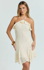 Rhea Mini Dress - Jacquard Ruffle Halter A Line Dress in Cream