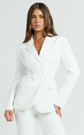 Harlee Blazer - Belted Cinch Waist Blazer in White