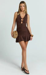 Reese Mini Dress - Key Hole Beaded Fit and Flare Dress in Chocolate
