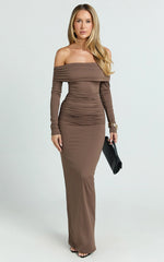 Emilie Maxi Dress - Off Shoulder Long Sleeve Ruched Jersey Dress in Dark Brown