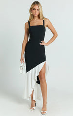 Cera Maxi Dress - Asymmetrical Contrast Frill Hem Dress in Black & White