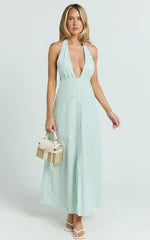 Jeienn Midi Dress - Line Placket Front Skirt Dress in Mint Stripe