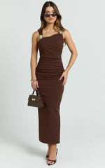 Emilia Midi Dress - Asymmetrical Neck Bodycon Dress in Brown
