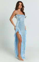 Belize Maxi Dress - Sequin Asymmetric Ruffle Split Bodycon Dress in Sky Blue