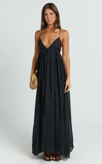 Kourtney Maxi Dress - Plunge V Neck Fit And Flare Dress in Black