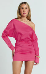 Ollie Mini Dress - Long Sleeve Exposed Shoulder Ruched Dress in Pink