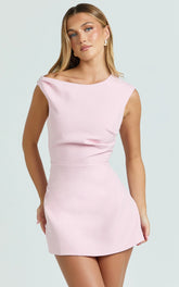 Claire Mini Dress - Tipped Shoulder Tulip Skirt Dress in Pink
