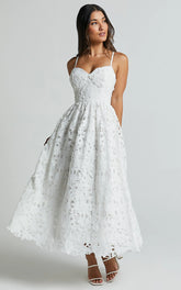 Deborah Midi Dress - Strappy Sweetheart Neck Corset Lace Dress in White