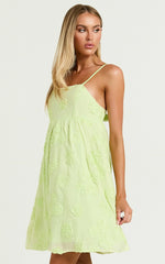 Claya Mini Dress - Sleeveless Straight Neckline Floral Detail Dress in Lime