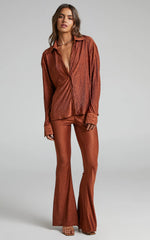 Rosamund Pants - High Waisted Crinkle Flared Pants in Clay