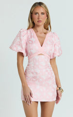 Diana Mini Dress - Jacquard Short Sleeve Cut Out Dress in Light Pink