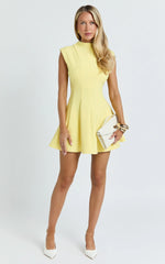 Becky Mini Dress - High Neck Sleeveless Fit And Flare Dress in Lemon