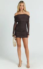 Clyde Mini Dress - Mesh Off Shoulder Ruched Bodycon Dress in Chocolate