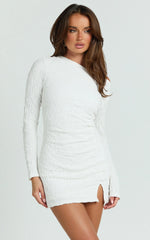 Abbie Mini Dress - Textured Jersey Tip Shoulder Ruched Bodycon Dress in White