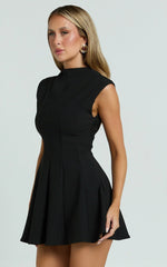 Becky Mini Dress - High Neck Sleeveless Fit And Flare Dress in Black