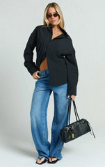 Amaris Top - Long Sleeve Open Back Tie Shirt in Black