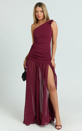 Behati Maxi Dress - One Shoulder Cut Out Fit And Flare Dress in Wine