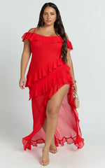 Brigitte Maxi Dress - Halter Off Shoulder Georgette Ruffle Tiered Dress in Red